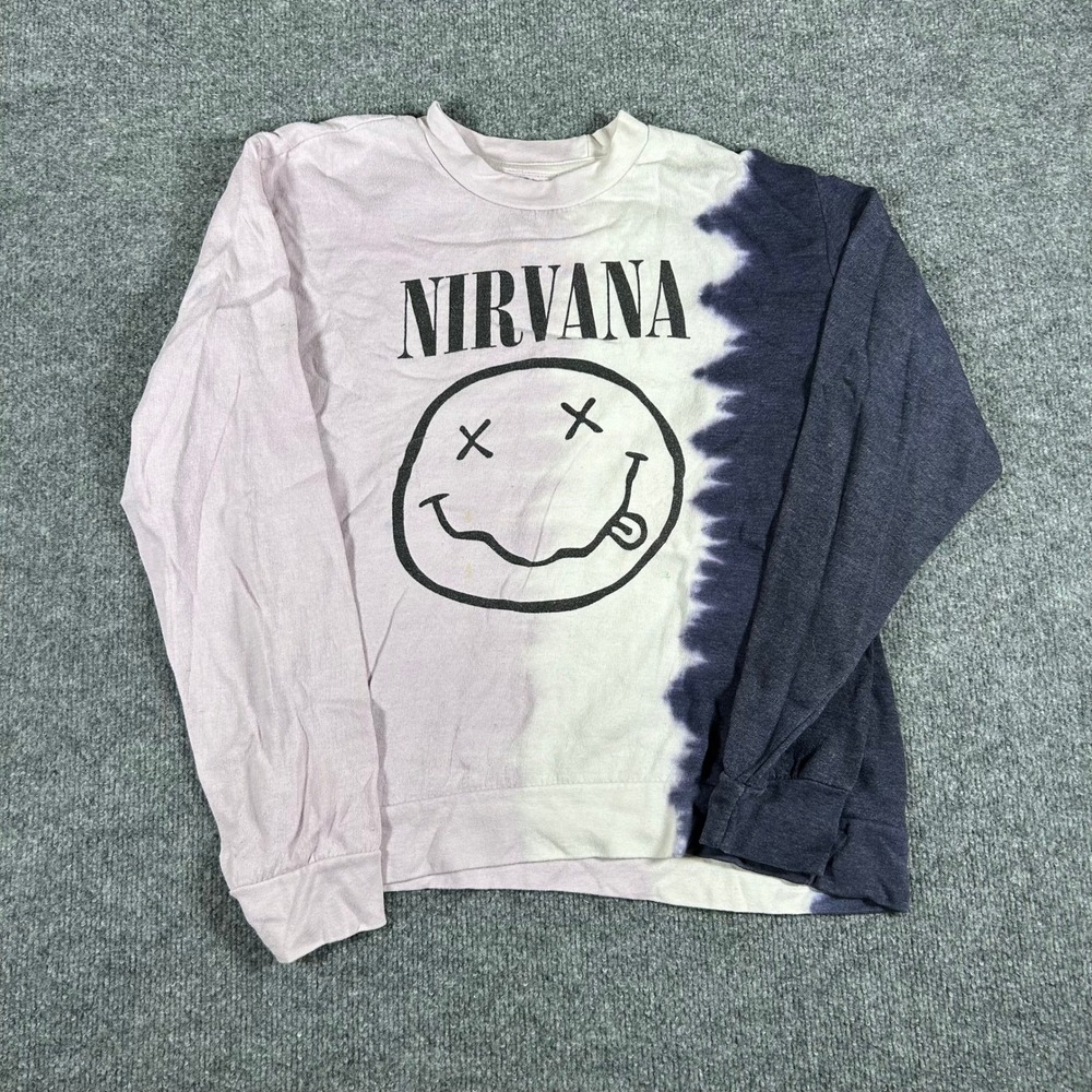 Nirvana Long Sleeve Shirt Womens Size S Purple Tie Dye Graphic Smiley Face Logo